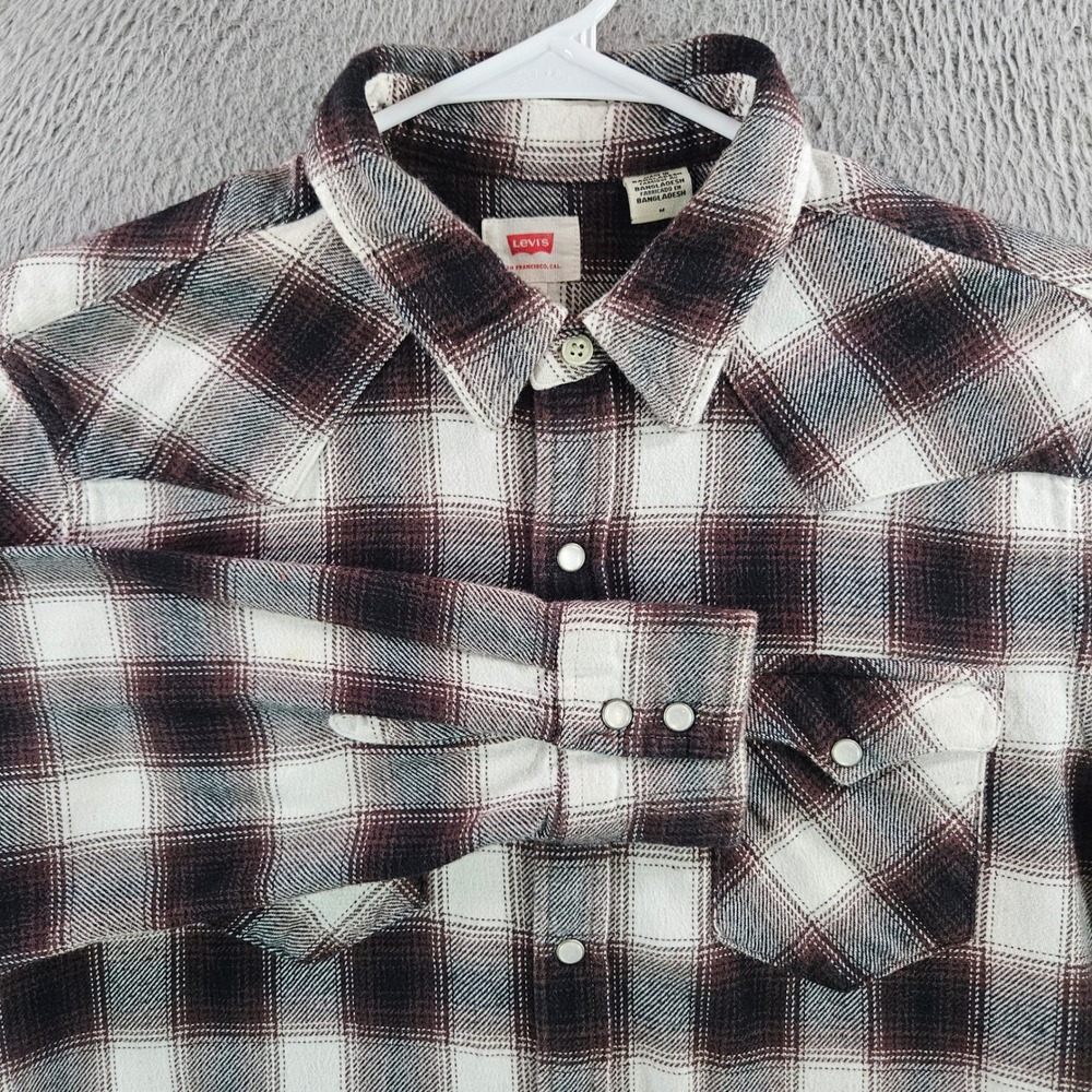 Levis Mens Western Flannel Shirt Medium Maroon Black Plaid Pearl Snap Cotton